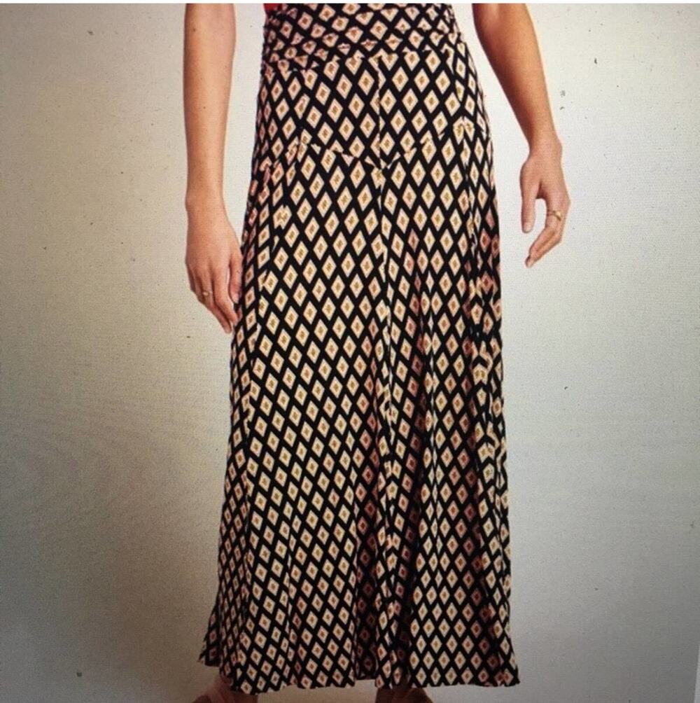 Maeve Anthropologie Black‎ Orange Diamond Print Silky Maxi Skirt PM $130 Retail